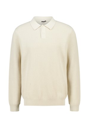 Pull polo tricoté de couleur crème avec un col classique, patte de boutonnage à trois boutons et poignets et ourlet côtelés. Tissu texturé.