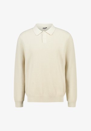 Pull polo tricoté de couleur crème avec un col classique, patte de boutonnage à trois boutons et poignets et ourlet côtelés. Tissu texturé.