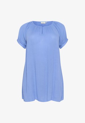 Himmelblause Kurzarmbluse mit Rundhalsausschnitt, gerafftem Schulterdetail und lockerer Passform. Glatte Textur und subtiler Glanz.