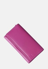Pink leather wallet featuring smooth texture with stitching details. The design is rectangular, showcasing a logo on the bottom right corner.