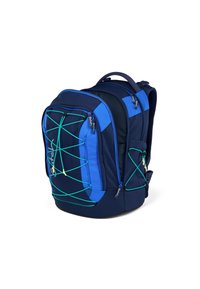 Marineblaue Rucksack mit hellblauen Akzenten, ausgestattet mit elastischen Bungee-Kordeln an der Vorderseite und mehreren Reißverschlussfächern.