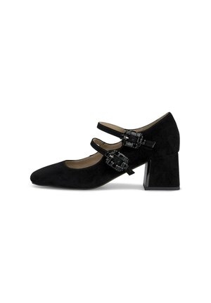 Talons Mary Jane en suede noir avec des orteils pointus, dotés de deux brides et de boucles décoratives noires, sur un talon bloc solide.