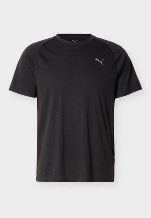 Čierne krátke tričko Puma s okrúhlym výstrihom, viditeľným prešívaním na ramenách a malým logom Puma na ľavej strane hrudníka.