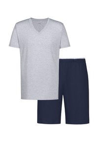 Graues Baumwoll-T-Shirt mit V-Ausschnitt, kombiniert mit marineblauen Shorts mit elastischem Bund, ausgestattet mit einer glatten Textur und einem schlichten Design.