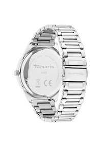 Edelstahl-Uhr mit polierter Silberoberfläche, runder Gehäuseform, Gliederarmband und graviertem Gehäuseboden mit Markendetails.