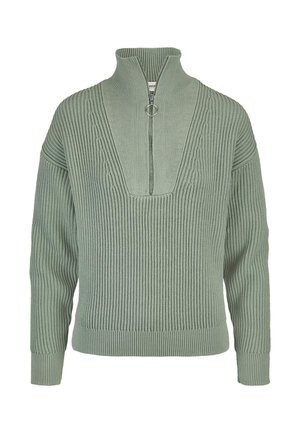 Hellgrüner, gerippter Strickpullover mit langen Ärmeln, einem hohen Kragen und einem silbernen Halb-Reißverschluss mit rundem Zipper.