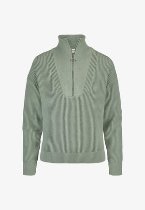 Hellgrüner, gerippter Strickpullover mit langen Ärmeln, einem hohen Kragen und einem silbernen Halb-Reißverschluss mit rundem Zipper.
