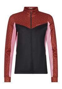 Röd och svart zip-up jacka med rosa accenter, med ett prickigt mönster på övre framsidan och en slät svart nederdel.