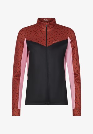 Rode en zwarte zip-up jas met roze accenten, met een stippenpatroon op de bovenste voorkant en een glad zwart ondergedeelte.