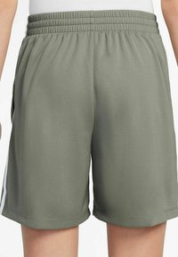 Groene sportieve mesh shorts met een elastische tailleband, voorzien van witte zijsstripes en een losse pasvorm, geschikt voor sport of casual wear.