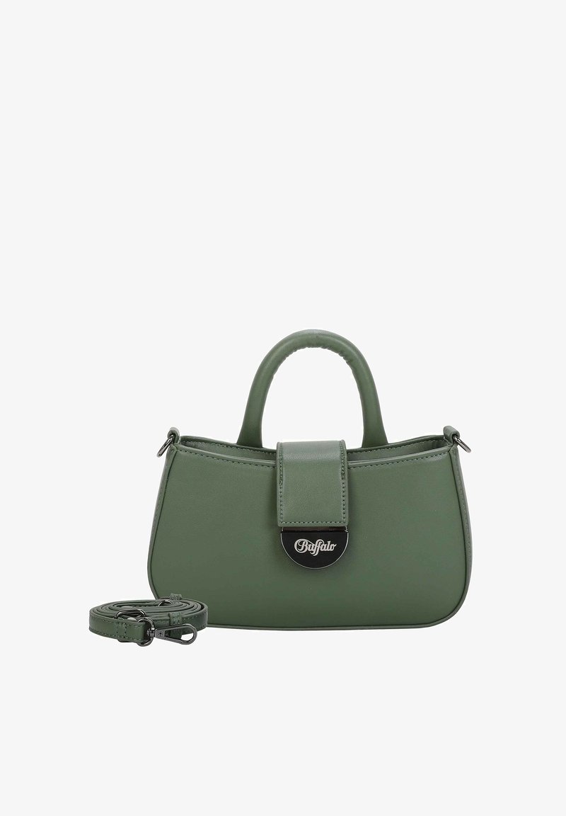 Bolso de mano de cuero sintético verde con dos asas superiores, cierre de solapa y una correa desmontable. Presenta un acento de logo circular en la parte frontal.