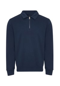 Dunkelblauer Pullover mit Reißverschlusskragen, langen Ärmeln, gerippten Bündchen und Saum, aus einem weichen, strukturierten Stoff gefertigt. Einfaches, einfarbiges Design.