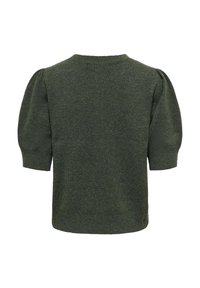 Pull en maille vert foncé à manches courtes avec des manches bouffantes et des poignets côtelés, présenté de dos sur fond blanc.