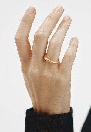 Mano con tono de piel claro que lleva un anillo de oro con pequeñas piedras incrustadas en el dedo anular sobre un fondo blanco.