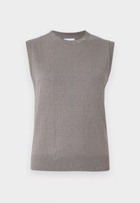 Pulover gri fără mâneci, tricotat, cu guler și tiv cu reiefe. Textură moale, croială dreaptă și design minimalist fără decorațiuni.