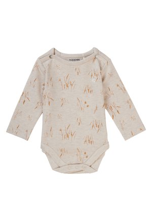 Langärmliger Bodysuit aus weichem beigen Baumwollstoff mit einem ganzflächigen Golden-Gras-Print. Verfügt über Druckknopfverschlüsse an der Schulter und Druckknopfverschlüsse am Boden.