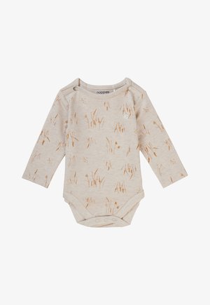 Langärmliger Bodysuit aus weichem beigen Baumwollstoff mit einem ganzflächigen Golden-Gras-Print. Verfügt über Druckknopfverschlüsse an der Schulter und Druckknopfverschlüsse am Boden.