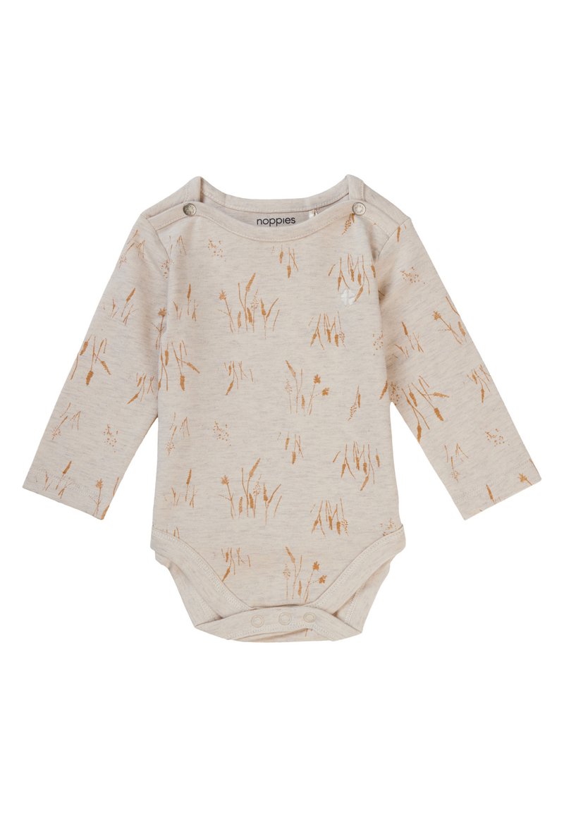 Långärmad bodysuit i mjuk beige bomull med ett mönster av gyllene gräs över hela. Har tryckknappar på axlarna och snaps i botten.