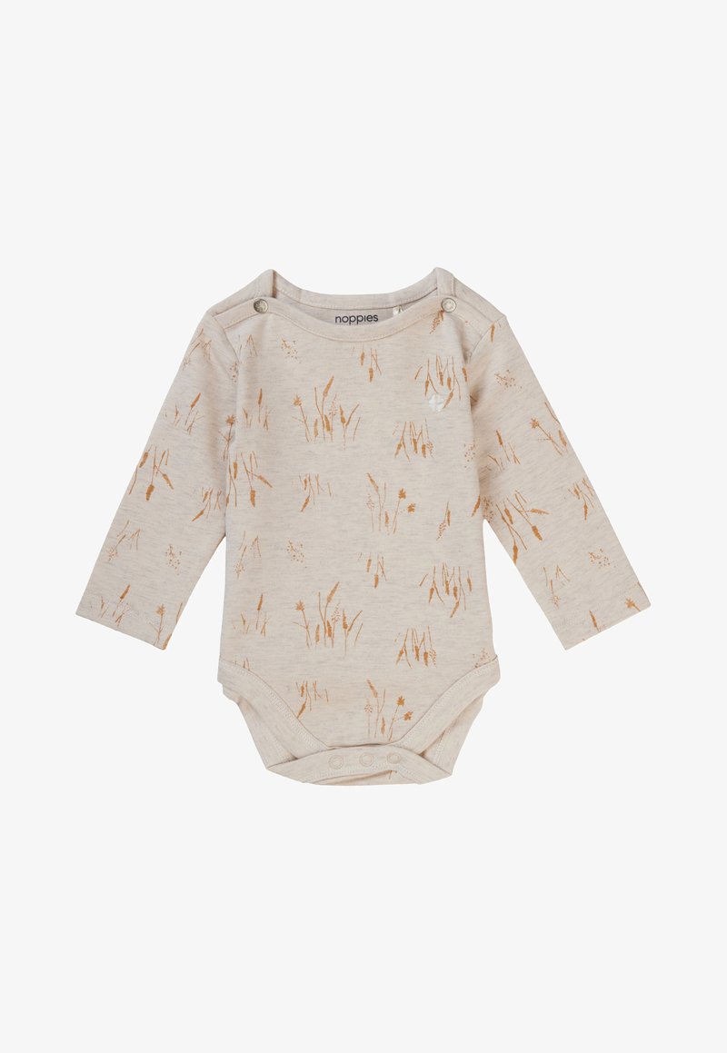 Langsleeve bodysuit van zachte beige katoen met een all-over gouden grasprint. Bevat knoopsluitingen op de schouder en drukknoopsluitingen aan de onderkant.