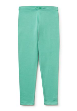 Miętowo zielone, miękkie legginsy z dopasowanym pasem i małym logo w pobliżu lewego kostki.