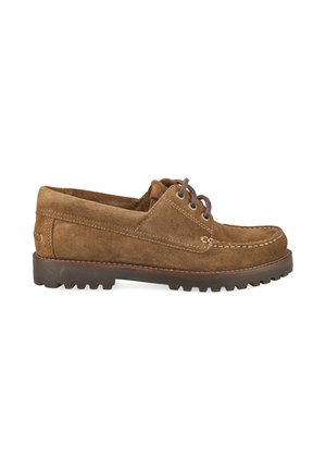 Brauner Mokassin-Schuh aus Wildleder mit Schnürung vorne und dicker Gummisohle, für den Freizeitgebrauch konzipiert.