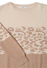 Pull beige et marron clair à manches longues avec motif léopard sur la poitrine et les manches, col rond et étiquette de la marque CECIL.