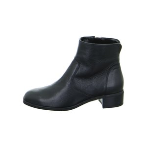 Black leather ankle boot with low block heel and side zipper, smooth finish and minimal stitching details.