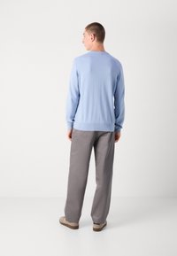 Hellblauer Baumwollpullover auf einer Person, kombiniert mit grauen Hosen. Der Pullover hat einen Rundhalsausschnitt und gerippte Ärmelabschlüsse sowie einen gerippten Saum.