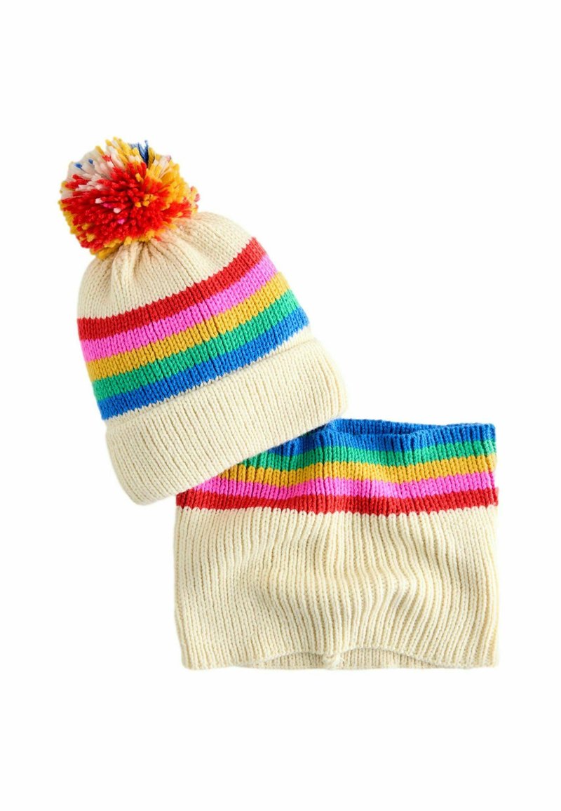 Knitted cream-colored hat and matching neck warmer, featuring horizontal stripes in red, pink, green, blue, and yellow with a pom-pom on top.