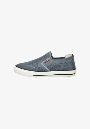 Slip-On-Schuhe mit einem atmungsaktiven grauen Mesh-Obermaterial, weißer Gummisohle und schwarzen Akzentdetails. Sie verfügen über eine strukturierte Oberfläche und elastische Einsätze.