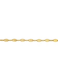 Gold-chain bracelet featuring oval links with a textured surface and sunburst design, creating a reflective and intricate pattern.
