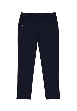 Marineblaue Stretchhosen mit einer glatten Textur, die zwei vordere Taschen mit kontrastierenden Nähten und subtilen Metallakzenten aufweisen.