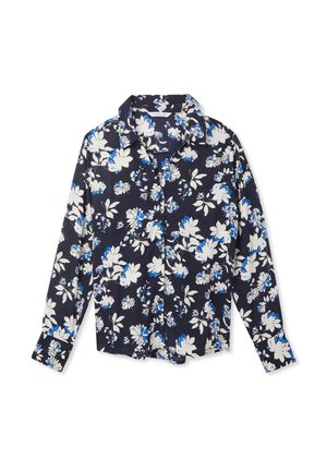 Camicia a maniche lunghe di colore blu navy con un motivo floreale in bianco e blu, dotata di colletto e chiusura con bottoni. Tessuto morbido con una superficie liscia.