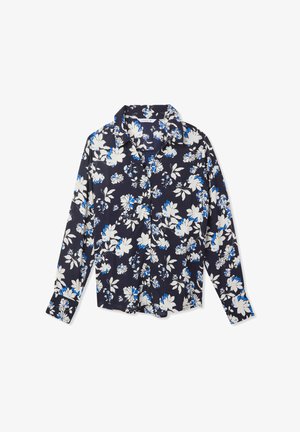Camicia a maniche lunghe di colore blu navy con un motivo floreale in bianco e blu, dotata di colletto e chiusura con bottoni. Tessuto morbido con una superficie liscia.