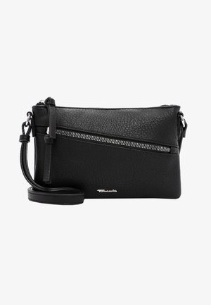 Black leather crossbody bag with a textured surface, zippered pocket on the front, and a long strap for carrying. Compact rectangular design.