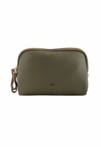 Pochette en cuir vert olive avec une finition texturée, fermeture éclair et boucle d'accent marron. Design compact et rectangulaire avec un branding minimal.