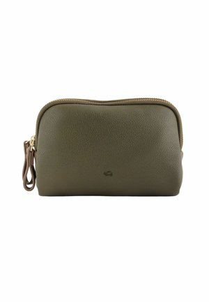 Olive green leather pouch with a textured finish, zip closure, and brown accent loop. Compact, rectangular design with minimal branding.