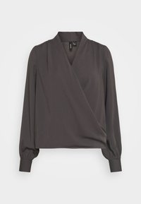 Blouse cache-cœur gris foncé avec manches longues bouffantes, décolleté en V et texture lisse. Présente une longueur raccourcie et des détails froncés à la taille.