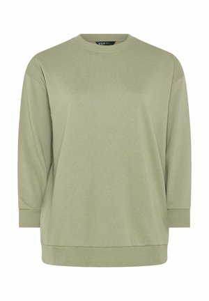 Sudadera de manga larga color oliva claro con cuello redondo, puños y dobladillo acanalados, mostrada sobre un fondo blanco liso.