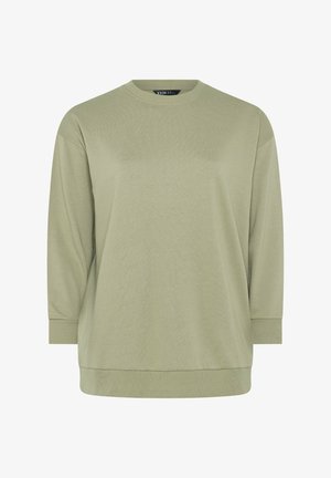 Sudadera de manga larga color oliva claro con cuello redondo, puños y dobladillo acanalados, mostrada sobre un fondo blanco liso.