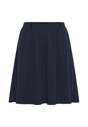 Jupe bleu marine jusqu'au genou avec des plis et deux boutons noirs sur la ceinture.