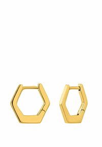 Pendientes de forma hexagonal en oro con un acabado pulido, que cuentan con un diseño de bisagra para un uso seguro. La superficie es suave y tiene bordes limpios.