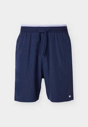 Pánske športové šortky tmavomodrej farby so elastickým pásom, sťahovacou šnúrkou, bočnými vreckami na zips a malým logom na spodnej ľavej nohe.