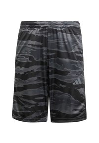 Svarta idrottsshorts med ett kamouflage-mönster i varierande grå nyanser. Tillverkade av lätt, slät tyg med ett elastiskt midjeband.