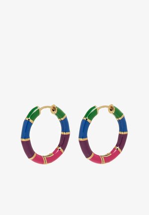 Boucles d'oreilles hoops colorées présentant des sections alternées de vert, bleu, violet et rose, séparées par des accents dorés. Fabriquées en matériau lisse et brillant.
