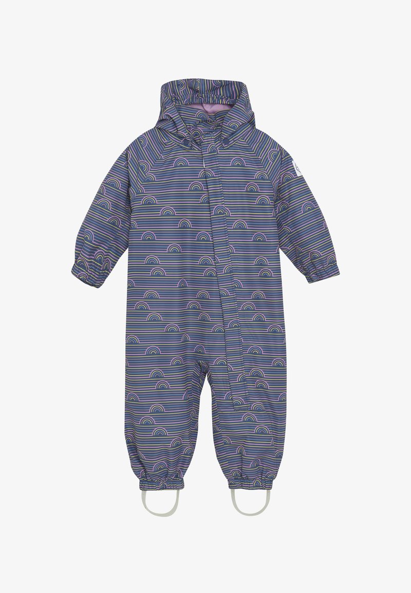 Paarse regenpak met een gestreept patroon met kleine regenbogen. Inclusief een capuchon en elastische manchetten. Gemaakt van waterdicht materiaal.