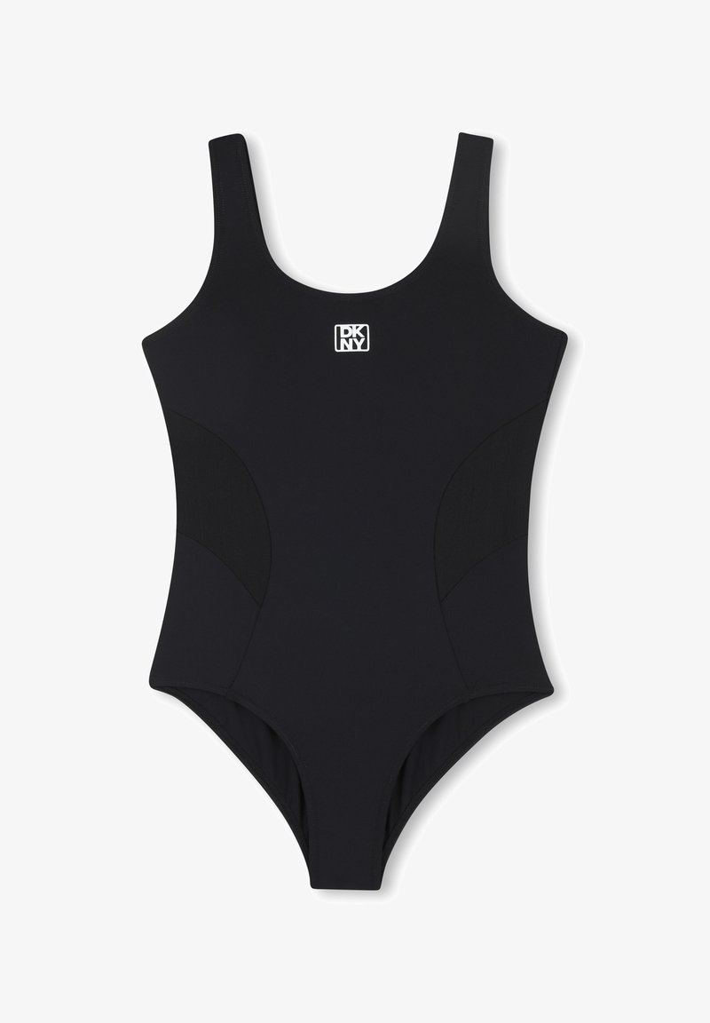 Maillot de bain une pièce noir avec bretelles larges, design sans coutures et logo DKNY. Comprend un tissu lisse avec des panneaux latéraux texturés.