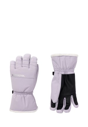 Jasnofioletowe, ocieplone rękawice z futrzanym mankietem, elastycznym nadgarstkiem i czarną dłonią, z logo "ROSSIGNOL" w kolorze srebrnym na wierzchu.