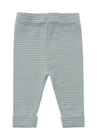 Hellgraue Leggings mit weißen horizontalen Streifen, aus weichem, dehnbarem Stoff, mit einem umgeschlagenen Saum und einem elastischen Bund.