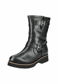 Botas de cuero negro hasta la mitad de la pantorrilla con dobles hebillas plateadas, acentos texturizados y suela de goma. Presentan detalles de costura y sutiles adornos de metal.